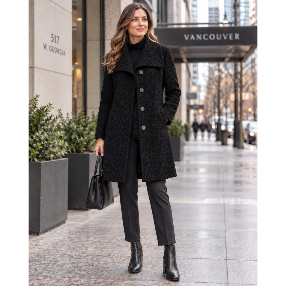 Calvin Klein Womens Size 8 Black Wool Blend Textured Long Coat Button Front